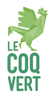 Logo vert représentant un coq de profil avec le texte Le coq vert