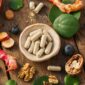 Image du complément alimentaire nootropique UNAE sous forme de capsules, présenté avec des ingrédients naturels comme myrtilles, noix et plantes adaptogènes sur une table en bois.