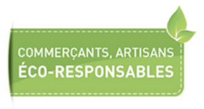 Logo vert rectangulaire avec une feuille et le texte "Commercants, artisans éco-responsable"