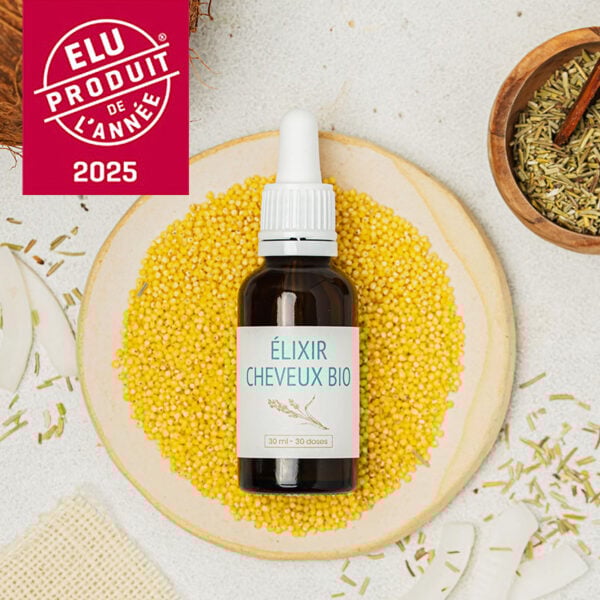 Photo mise en scène de notre produit Elixir cheveux de la gamme du laboratoire UNAE