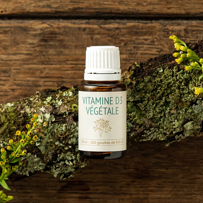 Photo du produit Vitamine D3 du laboratoire UNAE avec un lichen et de colza
